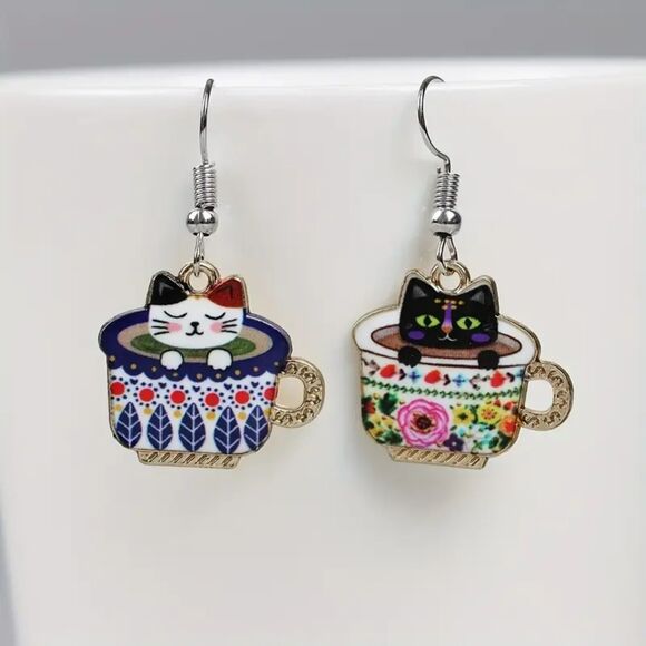 Cats in Teacups- Dangle Earrings- Fun, Playful, Cute - Picture 3 of 3